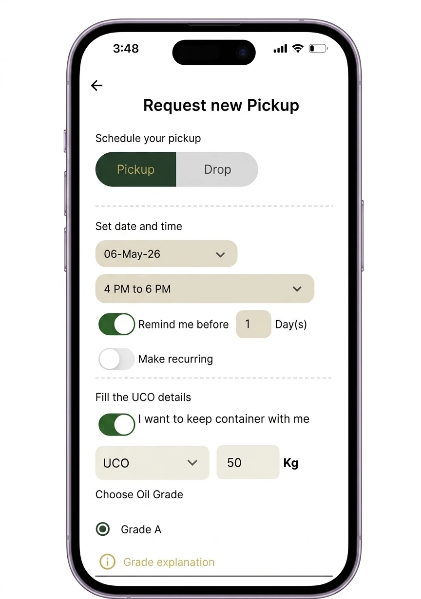Byufuel app screen showing UCO pickup logging and traceability tracking.